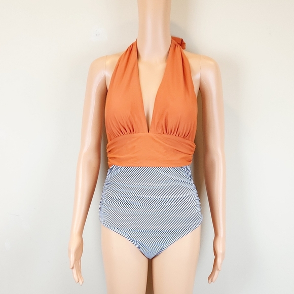 Cupshe Stripe Botton Solid Top One Piece  Swimsuit - Picture 10 of 11